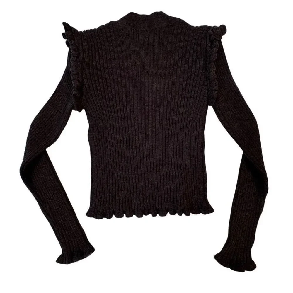 Something Navy Sara Sweater Extrafine Merino Wool Brown Ruffle Trim Cropped XS - Picture 6 of 10
